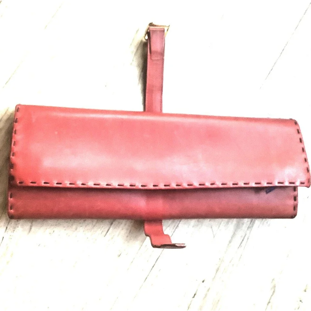 Vintage Jewelry Organizer Red Italian Leather Travel Pouch Blue Suede Lined